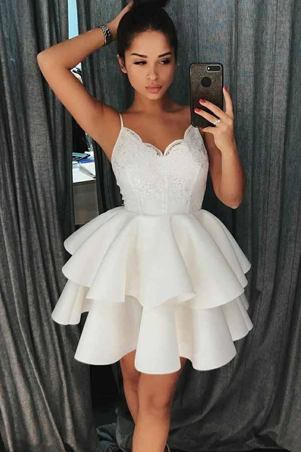 Vestido corto de satén con tirantes finos, corte en A y volantes, estilo baile de bienvenida, con encaje PD025