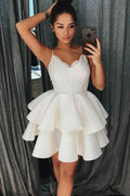 Vestido corto de satén con tirantes finos, corte en A y volantes, estilo baile de bienvenida, con encaje PD025