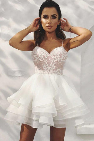 A-Line Spaghetti Straps Tiered White Homecoming Dress with Appliques PD405