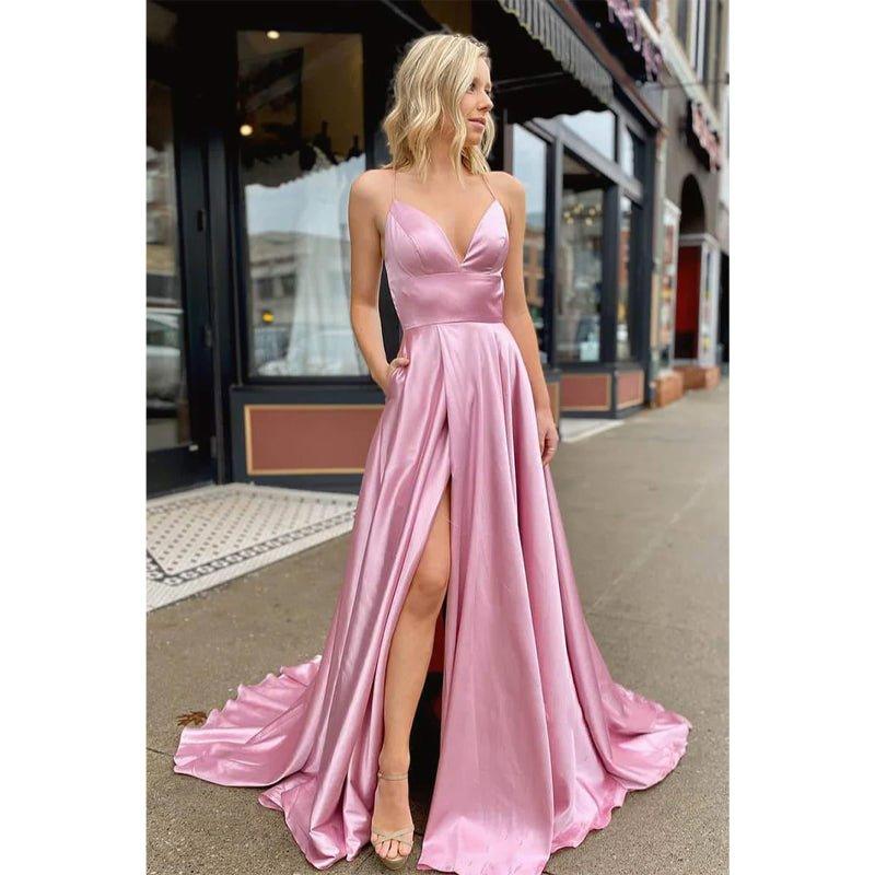 Vestido de fiesta sencillo de corte A con tirantes finos, escote en V y abertura alta 