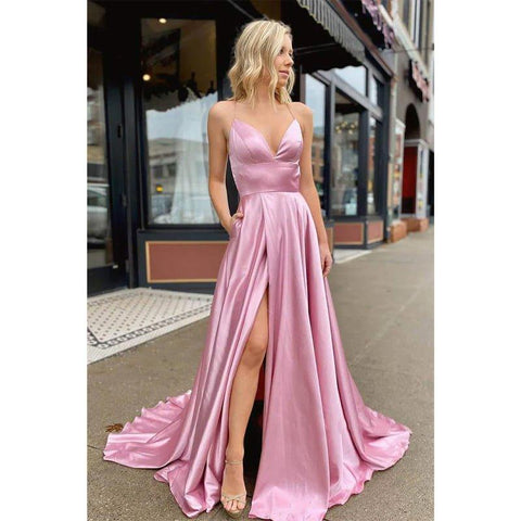 Vestido de fiesta sencillo de corte A con tirantes finos, escote en V y abertura alta 