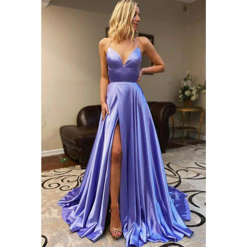 Vestido de fiesta sencillo de corte A con tirantes finos, escote en V y abertura alta 