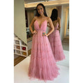 Vestido largo de noche formal de tul con escote en V, tirantes finos y corte en A 
