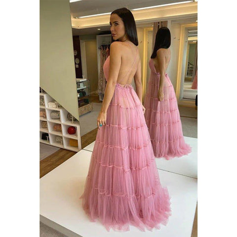 Vestido largo de noche formal de tul con escote en V, tirantes finos y corte en A 