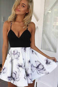 Vestido de cóctel de fiesta de bienvenida, corte en A, tirantes finos, estampado floral blanco, poliéster PD061
