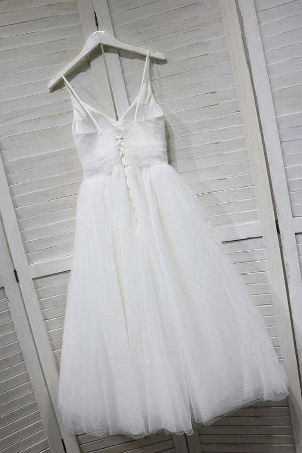 Vestido blanco de baile de graduación con tirantes finos y corte en A con tul PD154