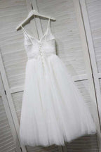 Vestido blanco de baile de graduación con tirantes finos y corte en A con tul PD154