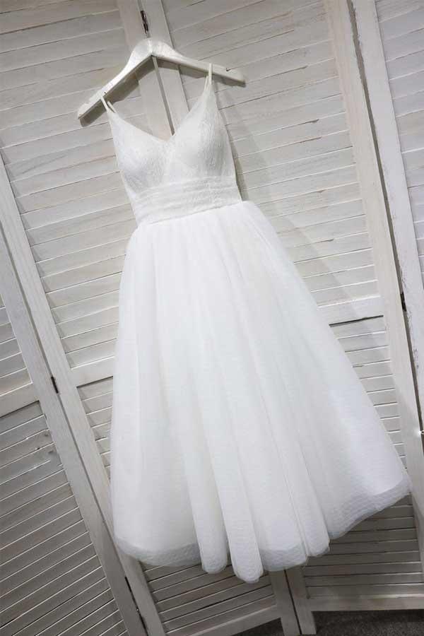 Vestido blanco de baile de graduación con tirantes finos y corte en A con tul PD154