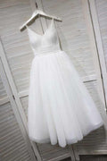 Vestido blanco de baile de graduación con tirantes finos y corte en A con tul PD154