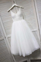 Vestido blanco de baile de graduación con tirantes finos y corte en A con tul PD154
