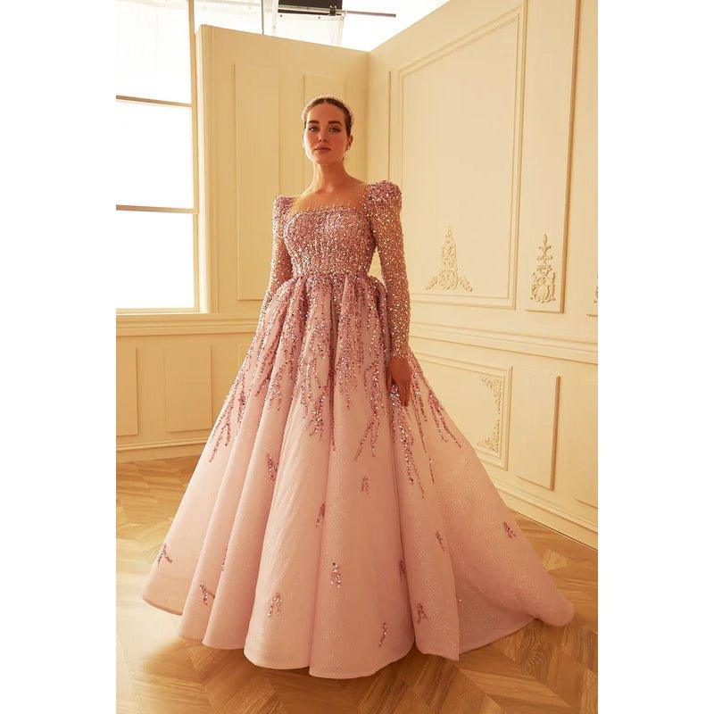 Vestido de fiesta de noche formal de tul, corte en A, escote cuadrado, mangas largas con cuentas y escote en A.