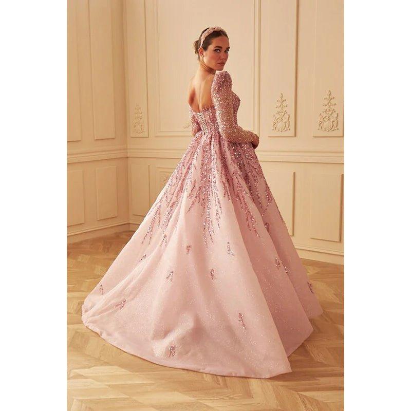 Vestido de fiesta de noche formal de tul, corte en A, escote cuadrado, mangas largas con cuentas y escote en A.