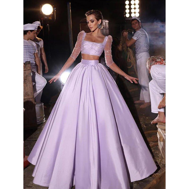 Vestido largo de fiesta de dos piezas con escote cuadrado en línea A y mangas 3/4 