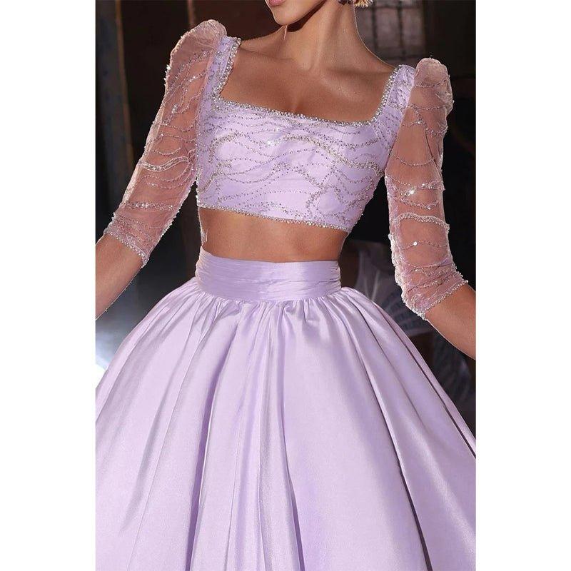 Vestido largo de fiesta de dos piezas con escote cuadrado en línea A y mangas 3/4 