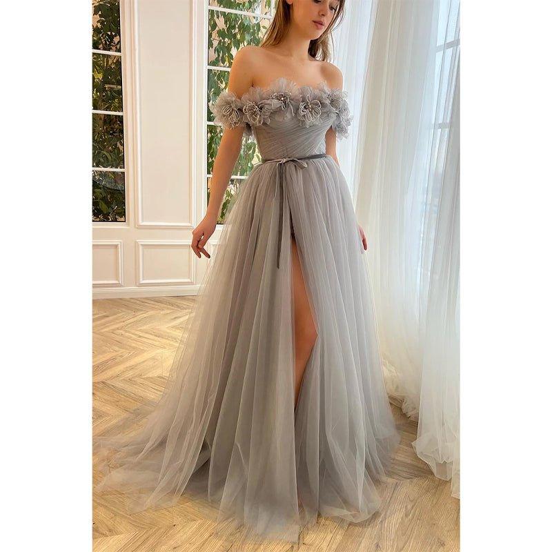 Vestido largo de fiesta formal sin tirantes con flores 3D de corte en A 