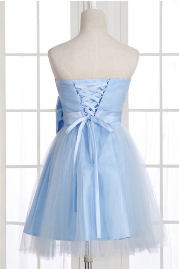 Vestido corto de fiesta de graduación sin tirantes con lazo, corte en A, PG148