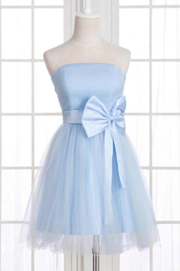 Vestido corto de fiesta de graduación sin tirantes con lazo, corte en A, PG148