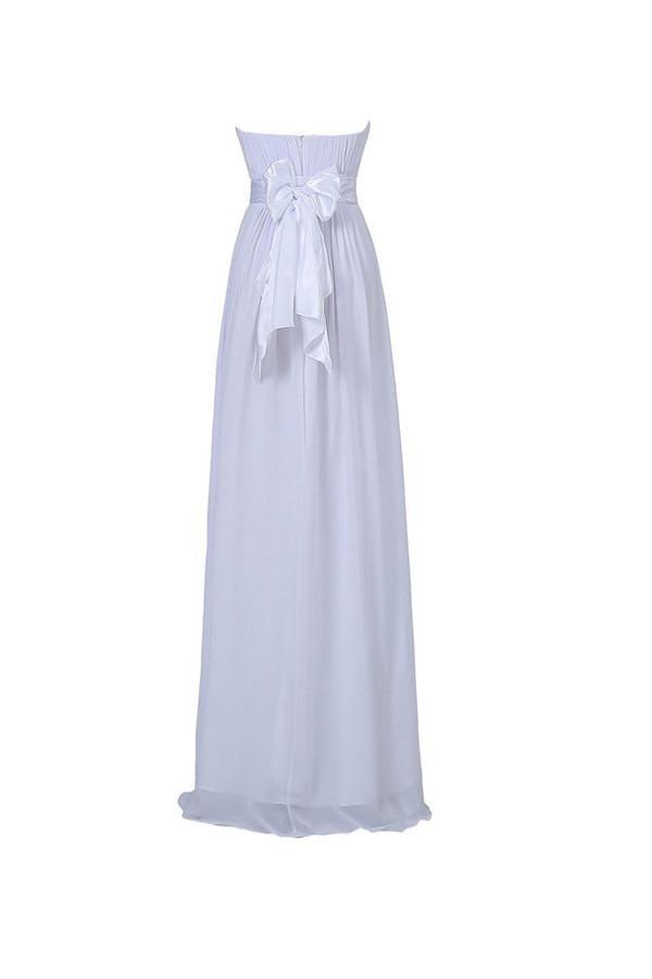 Vestido de dama de honor blanco de gasa, corte en A, sin tirantes y largo hasta el suelo, con fajín BD026