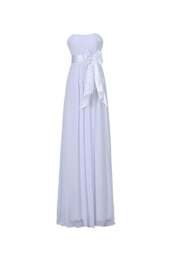 Vestido de dama de honor blanco de gasa, corte en A, sin tirantes y largo hasta el suelo, con fajín BD026