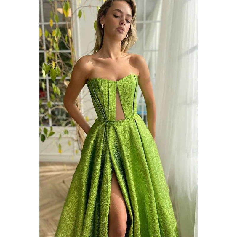 Vestido largo de fiesta de graduación sin tirantes, corte en A, abertura alta y bolsillos 