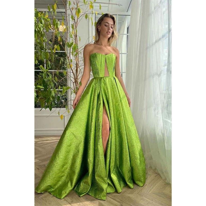 Vestido largo de fiesta de graduación sin tirantes, corte en A, abertura alta y bolsillos 