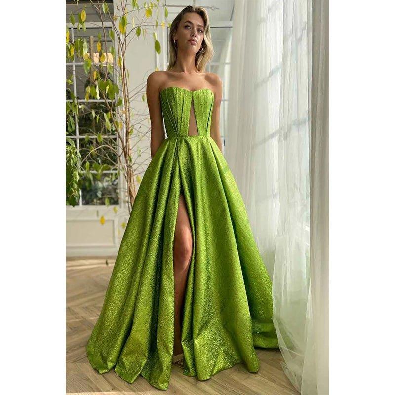 Vestido largo de fiesta de graduación sin tirantes, corte en A, abertura alta y bolsillos 