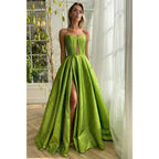 Vestido largo de fiesta de graduación sin tirantes, corte en A, abertura alta y bolsillos 