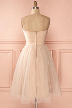 Vestido de fiesta de bienvenida PD137, corte en A, sin tirantes, largo hasta la rodilla, de tul con escote corazón