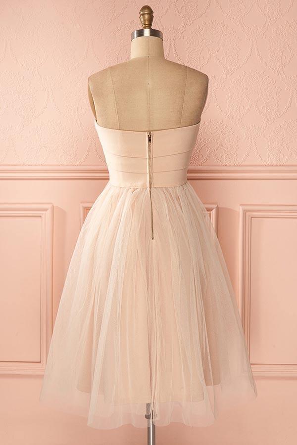 Vestido de fiesta de bienvenida PD137, corte en A, sin tirantes, largo hasta la rodilla, de tul con escote corazón