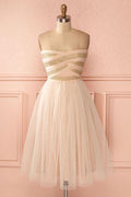 Vestido de fiesta de bienvenida PD137, corte en A, sin tirantes, largo hasta la rodilla, de tul con escote corazón
