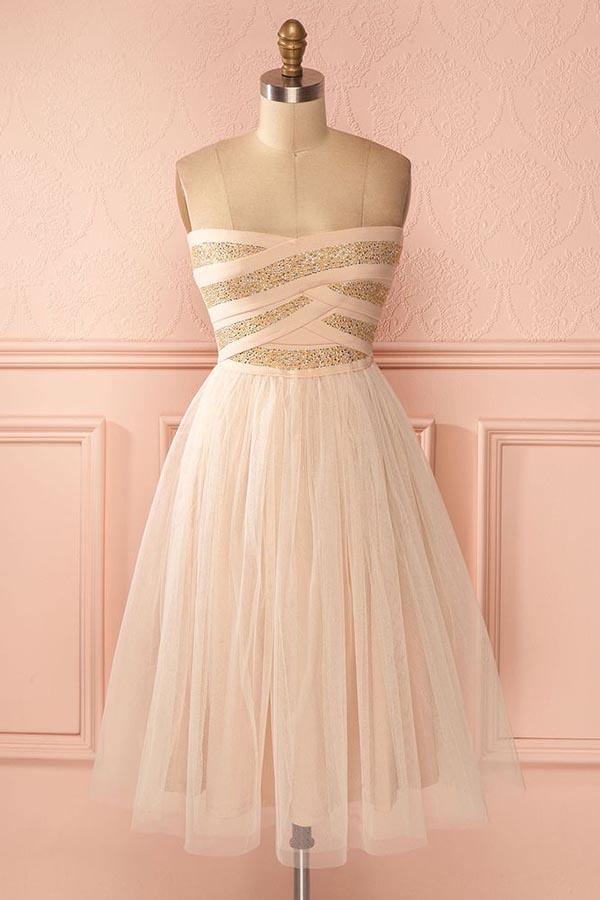 Vestido de fiesta de bienvenida PD137, corte en A, sin tirantes, largo hasta la rodilla, de tul con escote corazón