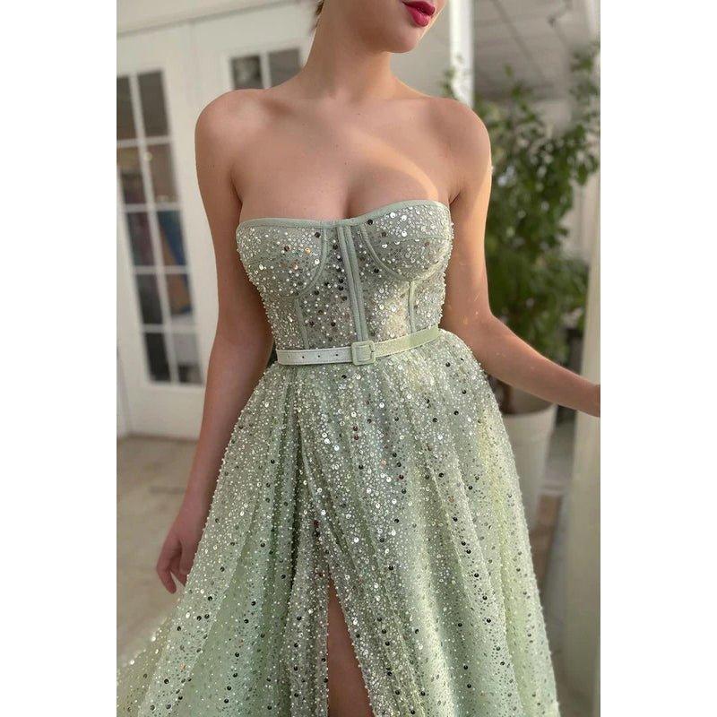 Vestido de fiesta formal de noche, corte en A, sin tirantes, con lentejuelas, abertura y sin mangas