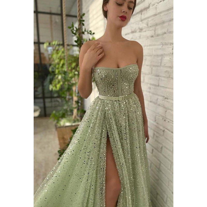 Vestido de fiesta formal de noche, corte en A, sin tirantes, con lentejuelas, abertura y sin mangas