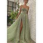 Vestido de fiesta formal de noche, corte en A, sin tirantes, con lentejuelas, abertura y sin mangas