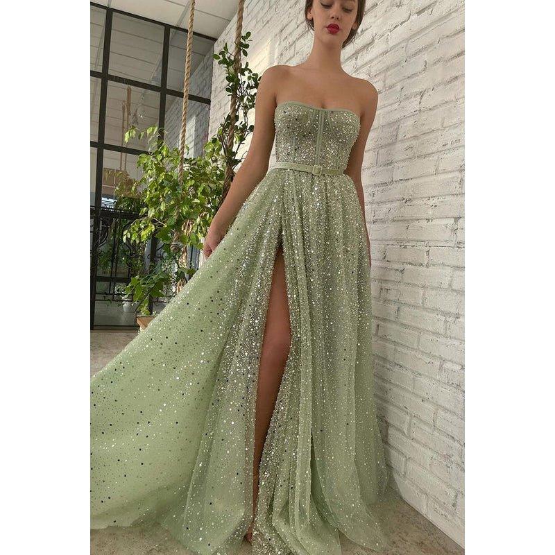 Vestido de fiesta formal de noche, corte en A, sin tirantes, con lentejuelas, abertura y sin mangas