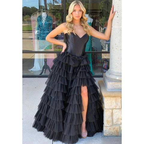 A-line Strapless Tulle Ball Gown Long Prom Dress with Split Evening Gowns