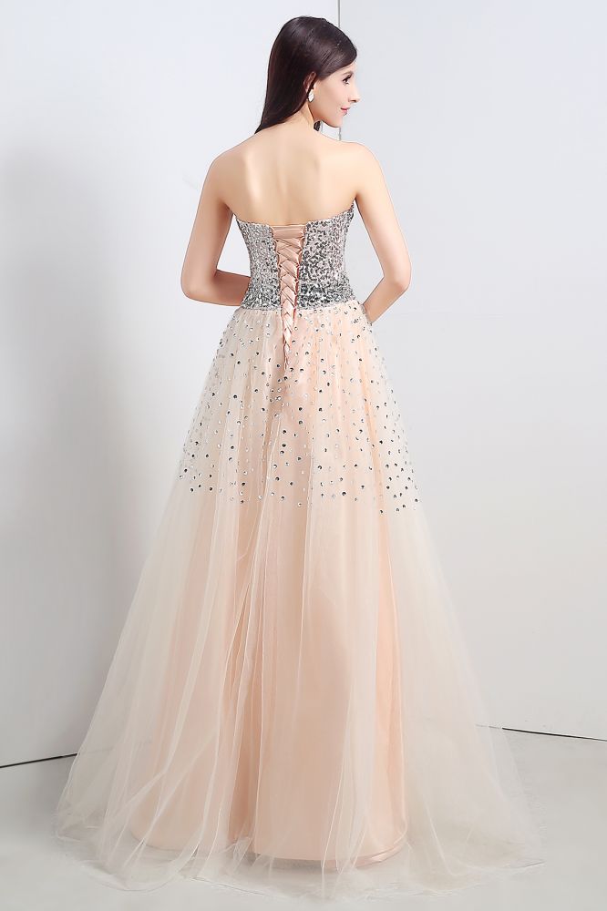 Vestido de fiesta de tul sin tirantes de corte A con lentejuelas