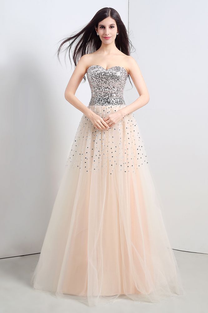 Vestido de fiesta de tul sin tirantes de corte A con lentejuelas