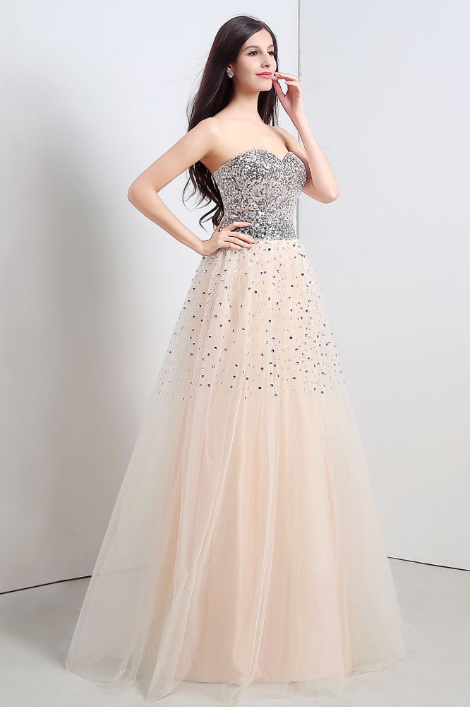 Vestido de fiesta de tul sin tirantes de corte A con lentejuelas