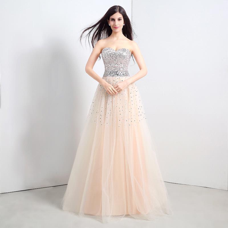 Vestido de fiesta de tul sin tirantes de corte A con lentejuelas