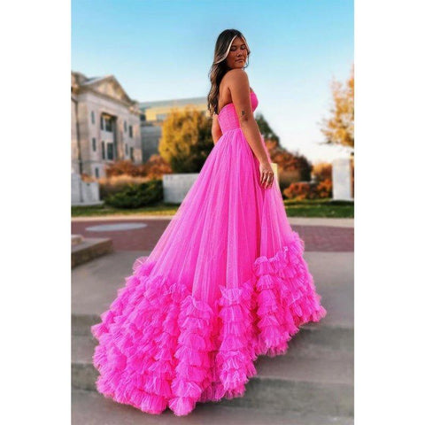 Vestido largo de baile de gala rosa sin tirantes de tul, corte en A, vestido de noche 