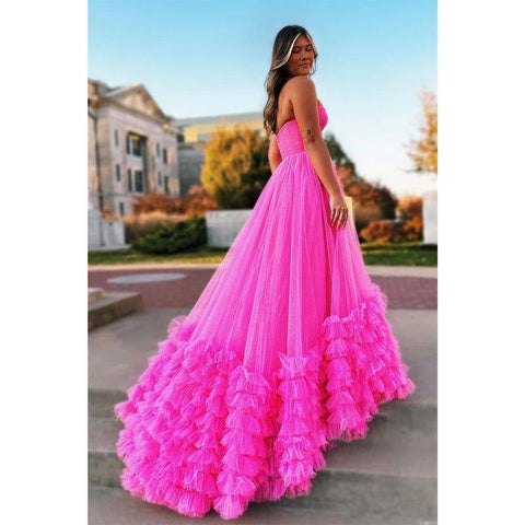 Vestido largo de baile de gala rosa sin tirantes de tul, corte en A, vestido de noche 