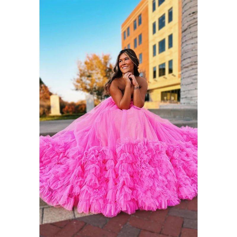 Vestido largo de baile de gala rosa sin tirantes de tul, corte en A, vestido de noche 