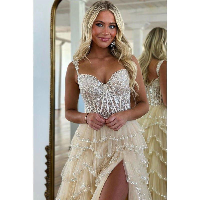 Vestidos de noche largos de fiesta con tirantes en línea A, apliques, efecto ilusión y brillos