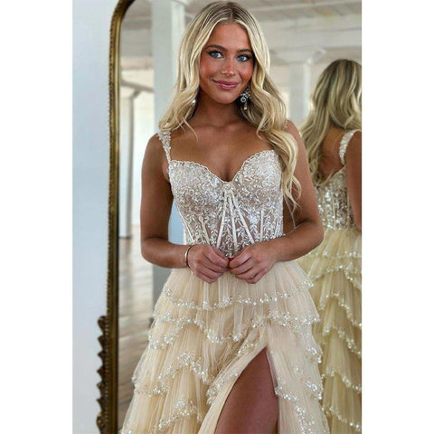 Vestidos de noche largos de fiesta con tirantes en línea A, apliques, efecto ilusión y brillos