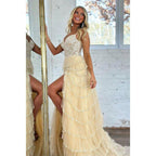 Vestidos de noche largos de fiesta con tirantes en línea A, apliques, efecto ilusión y brillos