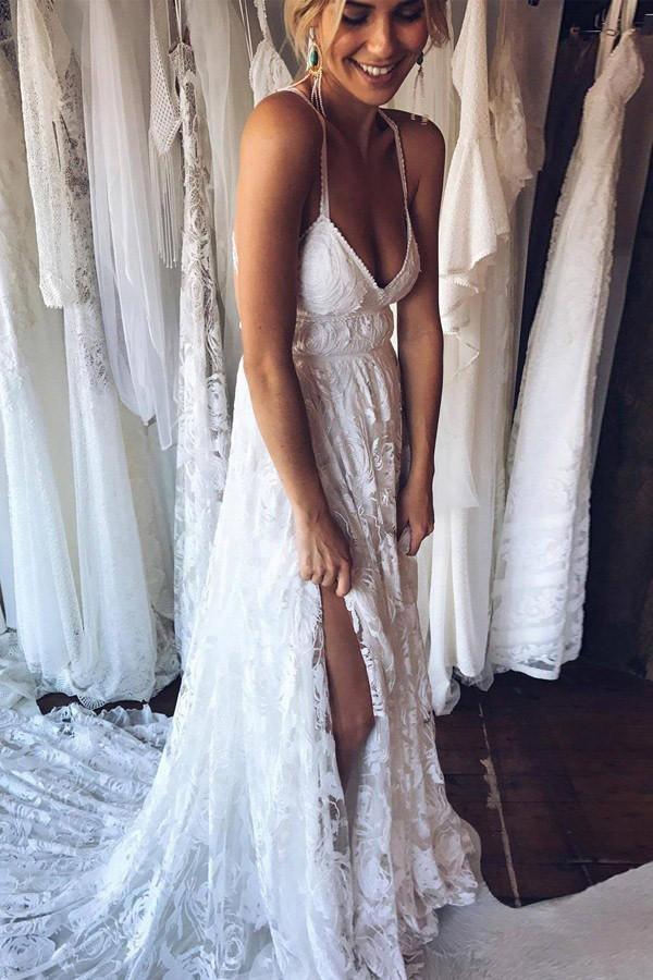 Vestido de novia playero de encaje, corte en A, espalda descubierta, cola corta, tirantes, WD108