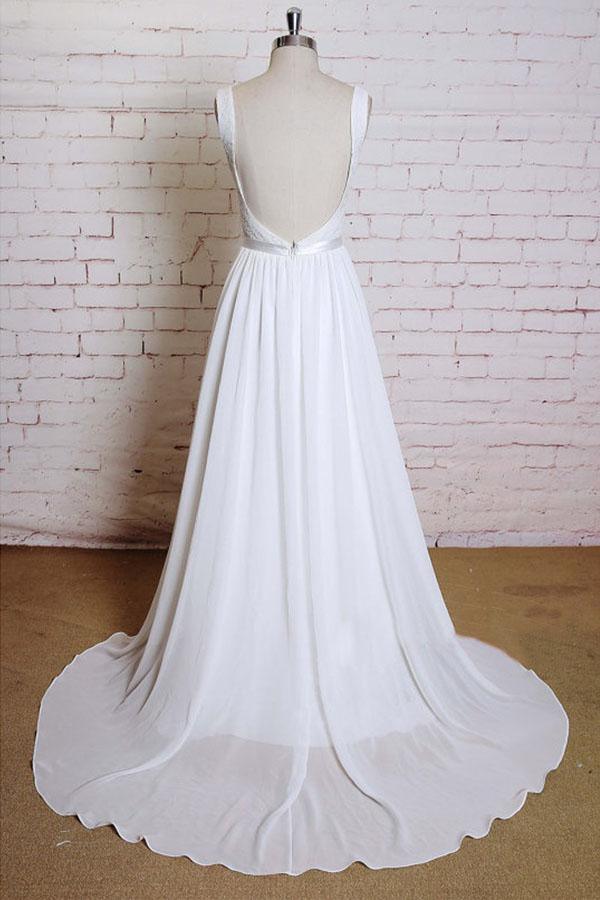 Vestido de novia de corte A con tirantes, cola de corte, apliques de gasa y espalda descubierta WD172
