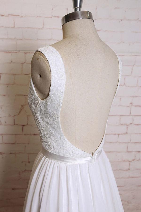 Vestido de novia de corte A con tirantes, cola de corte, apliques de gasa y espalda descubierta WD172