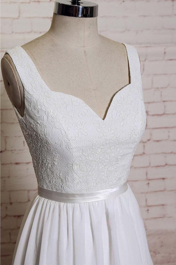 Vestido de novia de corte A con tirantes, cola de corte, apliques de gasa y espalda descubierta WD172